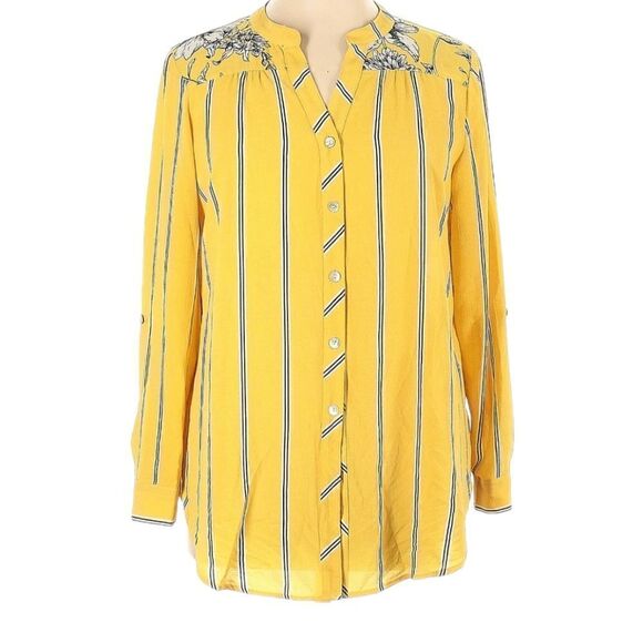 Anthropologie Fig & Flower Floral Yellow longSleeve Button Blouse Tunic Top PL - Picture 2 of 13